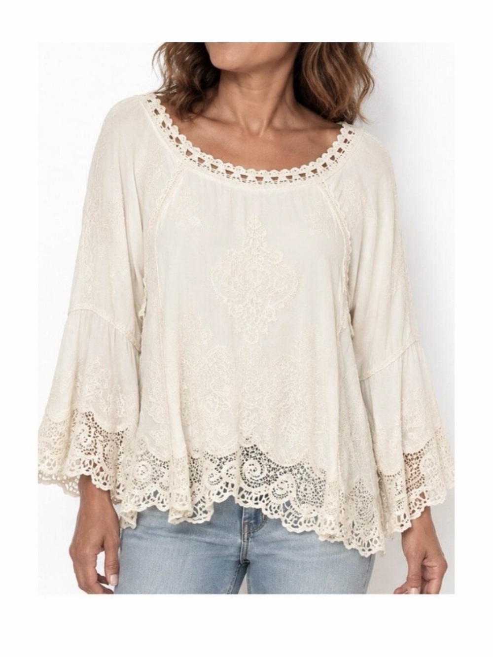 Democracy Crochet-Trim Scoop Neck Blouse - Cream